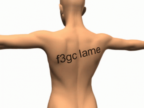 A Man 'S Back With The Words F3gc Lame On It GIF
