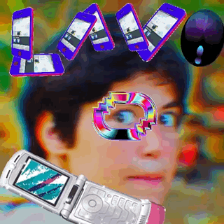 A Man 'S Face Is Surrounded By A Bunch Of Cell Phones And The Word Love GIF