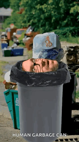 A Man 'S Head Is In A Garbage Can That Says Human Garbage Can On The Bottom GIF