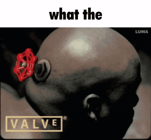 A Man 'S Head With A Red Valve On It And The Words What The Valve GIF