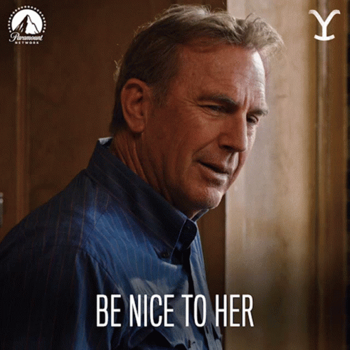 A Man Says " Be Nice To Her " In Front Of A Paramount Network Logo GIF