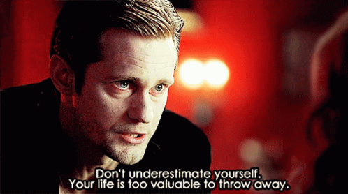 A Man Says " Don 'T Underestimate Yourself " In Front Of A Red Background GIF