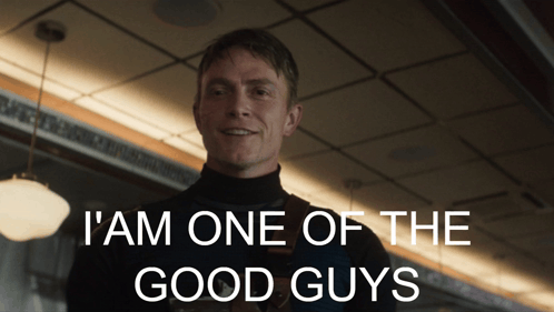 A Man Says I Am One Of The Good Guys In Front Of A Ceiling GIF