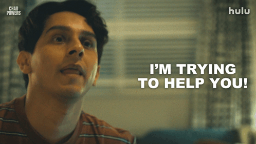 A Man Says " I 'M Trying To Help You " In Front Of A Hulu Logo GIF