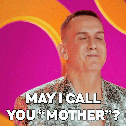 A Man Says May I Call You Mother On A Pink Background GIF