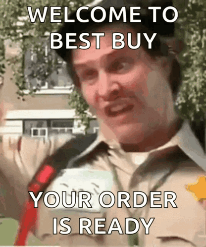 A Man Says Welcome To Best Buy And Your Order Is Ready GIF