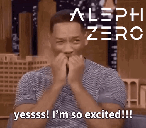 A Man Says Yesssss I 'M So Excited In Front Of A Sign That Says Alph Zero GIF