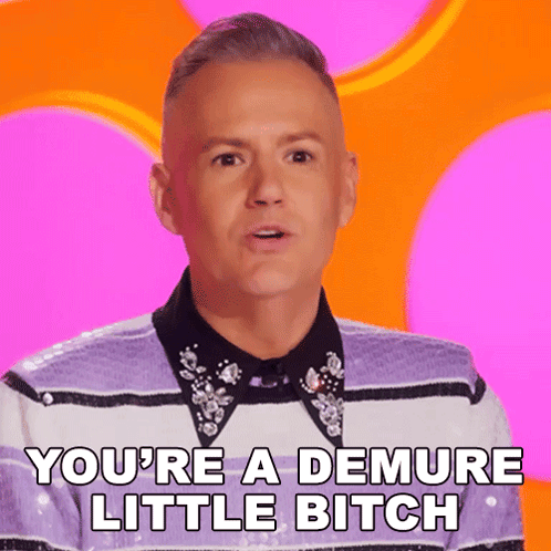 a man says you 're a demure little bitch on a pink background