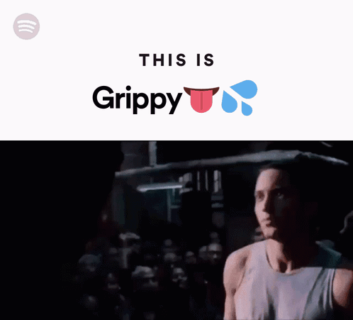 A Man Singing In Front Of A Crowd With The Words This Is Grippy Below Him GIF