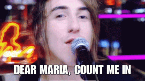 A Man Singing Into A Microphone With The Words " Dear Maria Count Me In " Above Him GIF