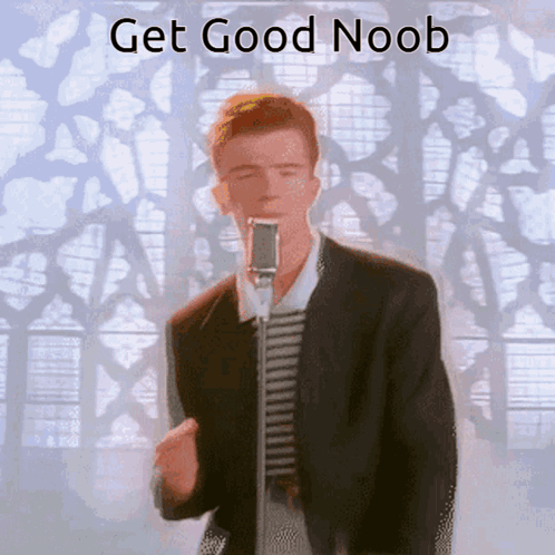 A Man Singing Into A Microphone With The Words " Get Good Noob " Above Him GIF