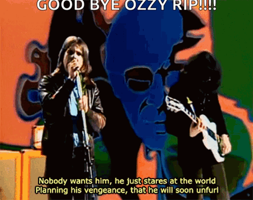 A Man Singing Into A Microphone With The Words " Good Bye Ozzy Rip " GIF