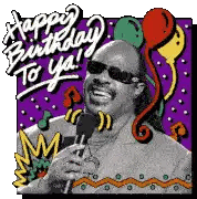 a man singing into a microphone with the words happy birthday to ya on the bottom