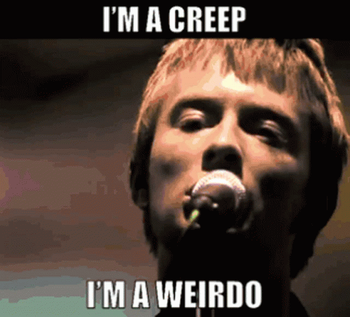 A Man Singing Into A Microphone With The Words " I 'M A Creep I 'M A Weirdo " GIF
