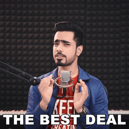 A Man Singing Into A Microphone With The Words " The Best Deal " Above Him GIF