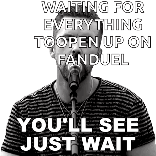 A Man Singing Into A Microphone With The Words Waiting For Everything To Open Up On Fanduel GIF