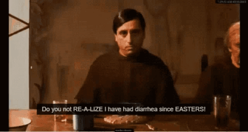 A Man Sits At A Table With A Plate Of Food And Says Do You Not Re-A-Lize GIF