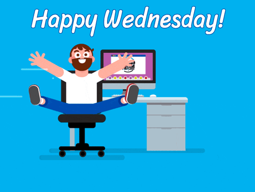 A Man Sits In Front Of A Computer With The Words Happy Wednesday GIF