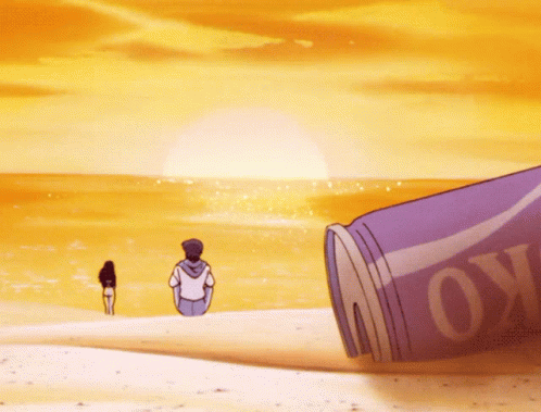 A Man Sits On A Beach Next To A Can That Says " Move " GIF