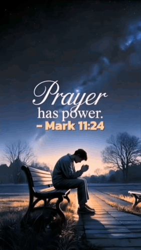 A Man Sits On A Bench Praying With The Words " Prayer Has Power " Above Him GIF