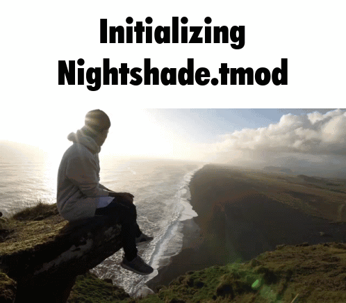 A Man Sits On The Edge Of A Cliff Overlooking The Ocean With The Words Initializing Nightshade.tmod Below Him GIF