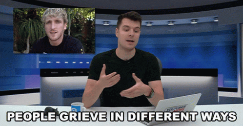 a man sitting at a desk with a laptop and the words people grieve in different ways on the bottom