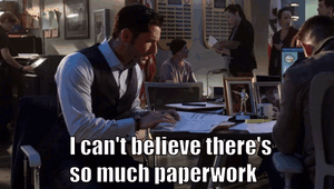 A Man Sitting At A Desk With The Words " I Can 'T Believe There 'S So Much Paperwork " GIF