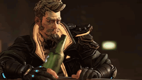 A Man Sitting At A Table With A Bottle Of Beer And A Rose GIF
