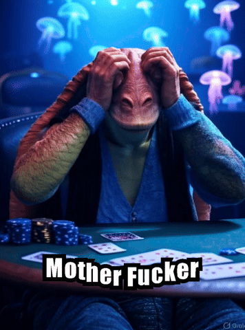 A Man Sitting At A Table With Cards And The Words Mother Fucker GIF
