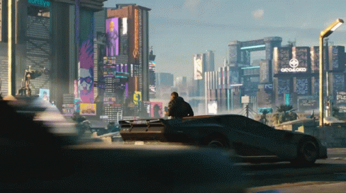 A Man Sitting In A Car In A Futuristic City With A Sign That Says Geoland GIF