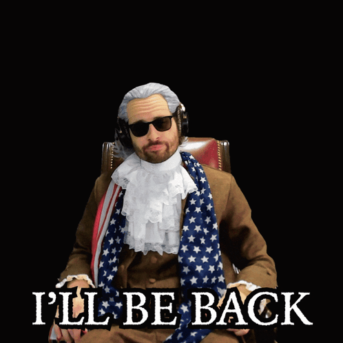 A Man Sitting In A Chair With The Words " I 'Ll Be Back " On The Bottom GIF