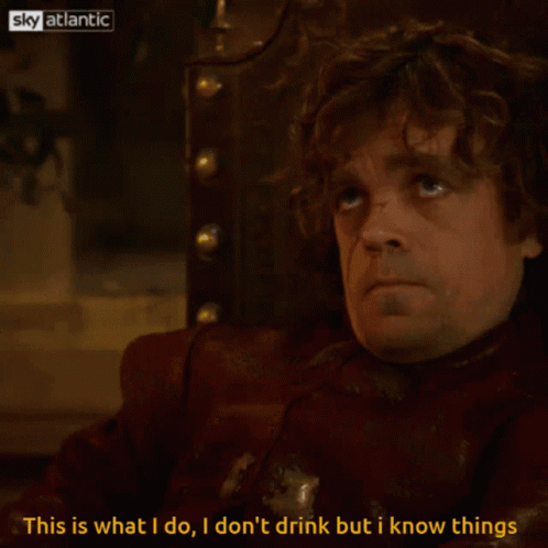 A Man Sitting In A Chair With The Words " This Is What I Do I Don 'T Drink But I Know Things " GIF