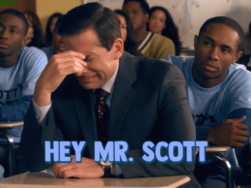 A Man Sitting In A Classroom With The Words Hey Mr. Scott Written Above Him GIF