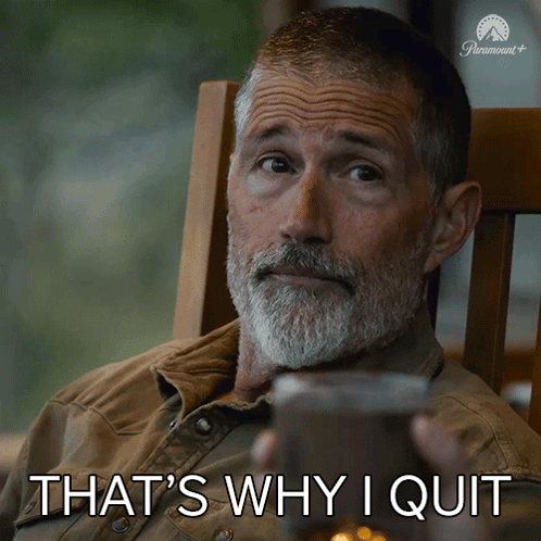 A Man Sitting In A Rocking Chair With The Words That 'S Why I Quit Above Him GIF
