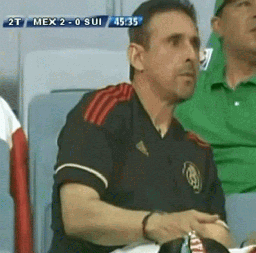 a man sitting in a stadium watching a soccer game between mexico and sui