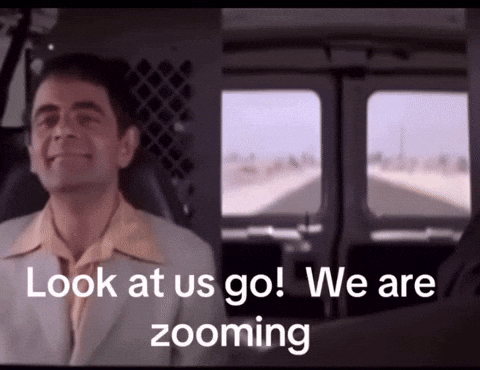 A Man Sitting In A Van With The Words Look At Us Go We Are Zooming Below Him GIF