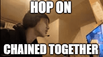 A Man Sitting In Front Of A Computer With The Words Hop On Chained Together Written On The Screen GIF