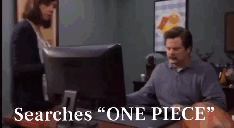 A Man Sitting In Front Of A Computer With The Words Searches " One Piece " Written On The Screen GIF