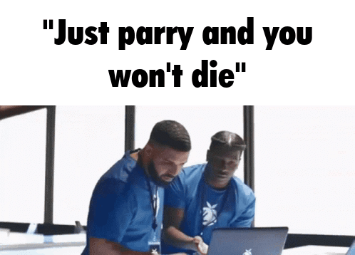 A Man Sitting In Front Of A Laptop With The Words Just Parry And You Won 'T Die GIF