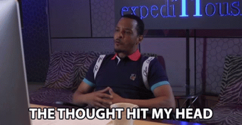 A Man Sitting In Front Of A Laptop With The Words " The Thought Hit My Head " Above Him GIF