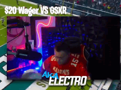 a man sitting in front of a microphone with the words $ 20 wager vs gsxr on the bottom