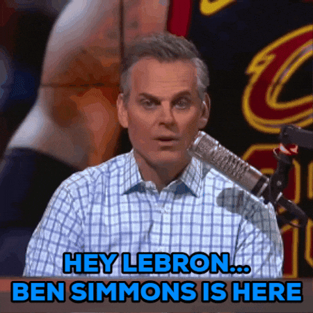 A Man Sitting In Front Of A Microphone With The Words Hey Lebron Ben Simmons Is Here Below Him GIF