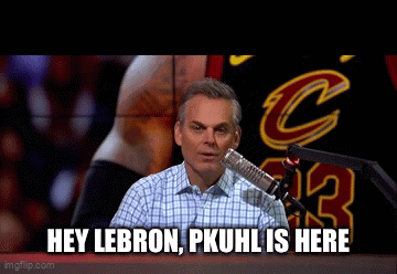 A Man Sitting In Front Of A Microphone With The Words Hey Lebron Pkuhl Is Here GIF