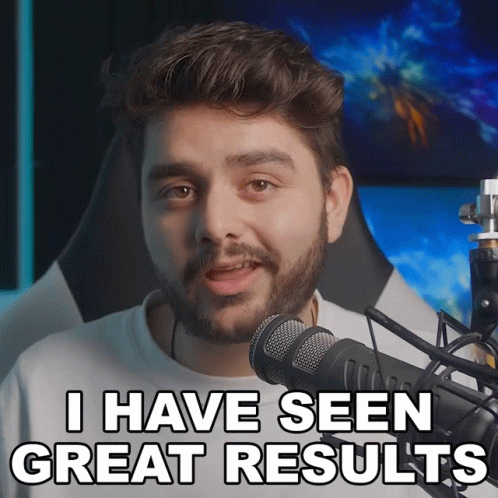 A Man Sitting In Front Of A Microphone With The Words I Have Seen Great Results Below Him GIF