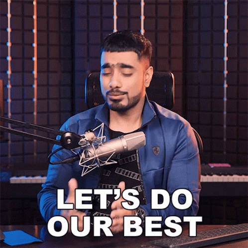A Man Sitting In Front Of A Microphone With The Words Let 'S Do Our Best Above Him GIF
