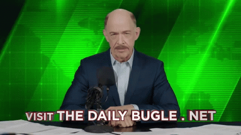 A Man Sitting In Front Of A Microphone With The Words Visit The Daily Bugle Net GIF