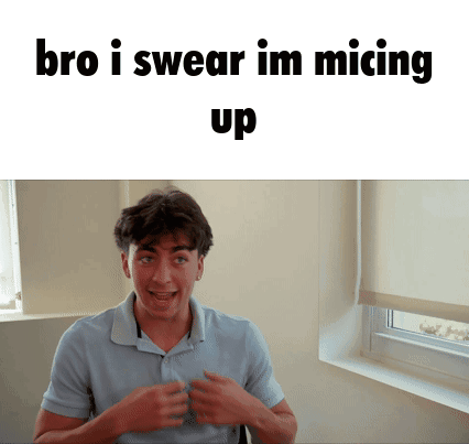 a man sitting in front of a window with the words bro i swear im micing up