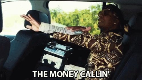 A Man Sitting In The Back Seat Of A Car Holding A Bunch Of Money And Says The Money Callin GIF