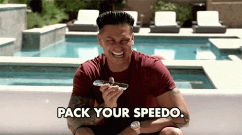 A Man Sitting Next To A Pool With The Words Pack Your Speedo Written Below Him GIF