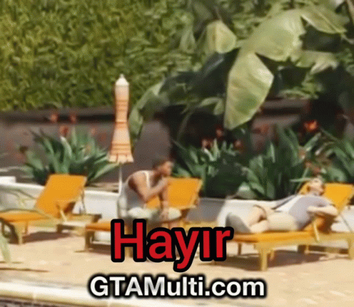 A Man Sitting On A Chair Next To A Woman Laying On A Lounge Chair With Hayir Gtamulti.com Written On It GIF